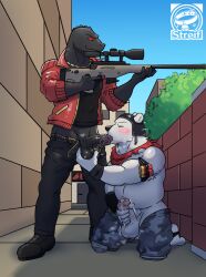 anthro ball_grab balls bear blush bodily_fluids detailed_background duo epic_games fellatio foreskin fortnite gay genital_fluids genitals gun hi_res humanoid_genitalia humanoid_penis kneeling kneeling_oral_position lizard male male/male mammal masturbation oral penile penile_masturbation penis polar_bear polar_patroller precum public public_sex ranged_weapon reptile rifle saliva scalie sex sniper_rifle standing streif tagme thunder_(fortnite) ursine weapon