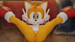 1boy 3d 3d_(artwork) anthro anus balls blender_(software) canid canine clothing digital_media_(artwork) exposed_torso femboy footwear fox genitals gesture gloves handwear hi_res looking_at_viewer male male_only mammal miles_prower penis sega shoes smile solo sonic_(series) sonic_the_hedgehog_(series) spread_legs spreading tails twintails3d two_tone_body two_tone_face v_sign