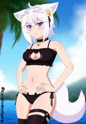 animal_ear_fluff animal_ears annoyed annoyed_expression arms_on_waist bare_arms bare_shoulders beach belly belly_button bikini black_panties blush boob_window bra breasts cat_ears cat_tail catgirl earrings filian filian_(vtuber) fluffy fluffy_tail hair_ornament indie_virtual_youtuber jewelry kurovonwolfgang outdoors outside purple_eyes short_hair stomach tail thick_thighs thighhighs thighs underwear virtual_youtuber vtuber water watermark white_hair