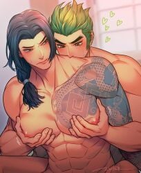 big_pecs black_hair brothers gay genji green_hair hanzo hanzo_shimada incest male/male male_only nkraae overwatch overwatch_2 pecs squeezing tattoo young_genji young_hanzo