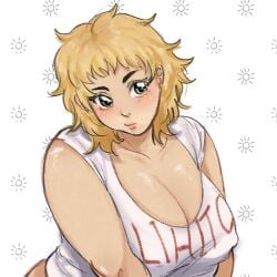 big_breasts blonde_hair blush cleavage female female_only fully_clothed genderswap_(mtf) green_eyes kengan_(series) kengan_ashura lppoy778 medium_hair nipple_bulge rihito rule_63 slightly_chubby solo upper_body