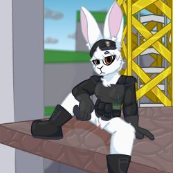 anthro beret boots bottomless casual_exposure clothed clothing cloud darli_buni elbow_on_knee female footwear fur genitals gloves handwear hat headgear headwear hi_res ladder lagomorph lagomorph_nose leporid looking_at_viewer mammal pouches pussy rabbit rabbit_ears radio shoulder_pads sitting solo tactical_gear white_body white_fur