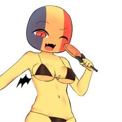 ._. black_bikini breasts cleverpoint countryhumans countryhumans_girl female lollipop one_eye_closed petite romania_(countryhumans) simple_background underwear white_background wings