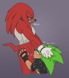 anthro archie_comics balls bodily_fluids bottomless clothed clothing crypticruins duo fingerless_gloves gay genitals gloves grabbing_head hand_on_head handwear hi_res knuckles_the_echidna male male/male male_only oral penis roadkillxing saliva saliva_string scourge_the_hedgehog sega sonic_(series) sonic_the_hedgehog_(archie) sonic_the_hedgehog_(comics) sonic_the_hedgehog_(series)