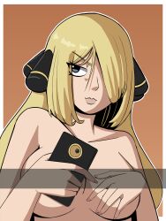 big_breasts blonde_hair covered_nipples cynthia_(pokemon) fanart feith_noir female game_freak nintendo nsfw nude_female pokémon pokemon pokemon_champion pokemon_dppt selfie