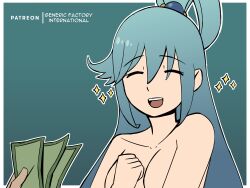 1boy 1girls aqua_(konosuba) big_breasts blue_hair closed_eyes covered_nipples fanart feith_noir female female_focus kono_subarashii_sekai_ni_shukufuku_wo! long_hair nude_female prostitution smile solo_focus