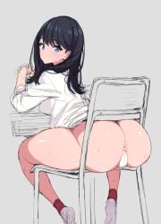 1girls anal_access anal_only anal_only_maebari anus ass black_hair blue_eyes chair_embarrassment dat_ass female female_only huge_ass light-skinned_female light_skin long_hair maebari poin school_desk school_uniform schoolgirl sitting sitting_at_desk ssss.gridman takarada_rikka thick_thighs thighs