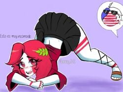 1boy 1girls aesthetic blush countryballs countryhumans countryhumans_girl female jack-o_pose latina peru_(countryhumans) purple_background simple_background spanish_text text turrón_de_doña_pepa turron united_states_of_america_(countryhumans)