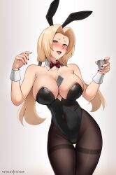 1girls alternate_costume between_breasts black_leotard blonde_hair blush bow bowtie breasts brown_eyes bunny_ears card card_between_breasts cup detached_collar drunk facial_mark forehead_mark hair_intakes highleg highleg_leotard highres hioyami holding holding_cup large_breasts leotard long_hair low_twintails naruto naruto_(series) naruto_shippuden open_mouth pantyhose playboy_bunny red_bow red_bowtie red_nails simple_background solo sweat thigh_gap thighband_pantyhose tsunade twintails white_background wrist_cuffs