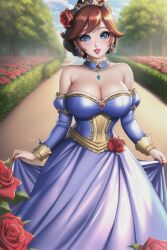 ai_generated blue_eyes breasts brown_hair clothed_female corset dress mario_(series) nai_diffusion nintendo png princess princess_daisy princess_dress purple_dress short_hair stable_diffusion standing