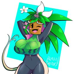 armpits big_boobs big_breasts big_hips big_thighs big_tits blaster_master blaster_master_zero_2 blaster_master_zero_3 bodysuit breasts cyyfapse cyynapse female female_only flower flower_in_hair flowers green_body green_skin hi_res highres huge_boobs huge_breasts huge_tits kanna_(blaster_master) long_tail looking_at_viewer monster_girl non-human open_mouth paladindraws plant_girl plant_hair plant_humanoid plantie solo solo_female tail thick_thighs tight_clothing watermelon_nets wide_hips wink winking_at_viewer zipper