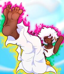 1girls arms_behind_back arms_behind_head arms_up art_trade aura dark-skinned_female dark_skin esper feet feet_together feet_up female floating flying foot_fetish foot_focus moldybagelhere mrcensoredsh1p original_character short_hair sky soles toenail_polish toenails toes white_hair wink winking winking_at_viewer