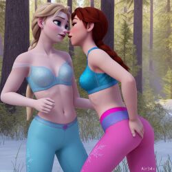 2girls 3d ai_generated air34x anna_(frozen) blue_eyes bra disney elsa_(frozen) elsanna female female_only frozen_(film) kissing sisters yuri