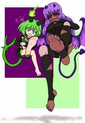 art_trade dark-skinned_female dark_skin demon demon_girl fanart feet feet_up foot_fetish foot_worship footwear green_hair horns light-skinned_female light_skin moldybagelhere original_character original_characters purple_eyes purple_hair ring shortstack stirrup_legwear succubus succubus_horns tail taller_girl wings