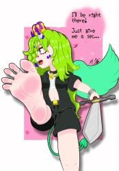 1girls dialog dialogue fanart feet female foot_fetish foot_focus green_hair moldybagelhere original_character shortstack sword toe_ring toe_spread toes