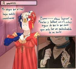 1boy 1futa clothed clothing comic_page comic_panel countryhumans countryhumans_girl estandarte_de_morelos_(countryhumans) french_empire_(countryhumans) fully_clothed futanari jewelry male multicolored_body multicolored_hair multicolored_skin rodenn_mmdisimo spanish_text text