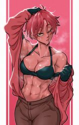 1girls abs aroodnoodle black_bra bra breasts brown_pants centinel303 muscular muscular_female noodlenood open_clothes open_shirt original original_character red_hair red_shirt sweating sweaty sweaty_body sweaty_breasts yellow_sclera