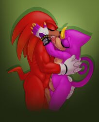 anthro balls bodily_fluids duo espio_the_chameleon gay genitals hi_res kissing knuckles_the_echidna male male/male male_only nipples nude penis pubes roadkillxing saliva sega sonic_(series) sonic_the_hedgehog_(series) tongue