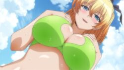 1girls big_breasts bikini blonde_hair blue_eyes busty cleavage dakara_boku_wa_h_ga_dekinai female female_only fukumune_iria green_bikini hi_res large_breasts looking_at_viewer naughty_face navel open_mouth ponytail screencap smile solo voluptuous