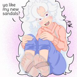 1girls dialog dialogue feet feet_together feet_up female fingernail_polish foot_fetish jeans light-skinned_female light_skin long_hair moldybagelhere original_character sandals soles sweater toenail_polish white_hair