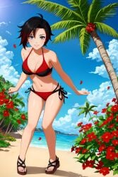 ai_generated aicon beach bikini gradient_hair ruby_rose rwby silver_eyes two_tone_hair