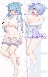 2girls bare_midriff barefoot belly_button big_breasts black_panties blue_hair cleavage covered_eye dakimakura dakimakura_design elira_pendora exposed_torso eye_covered hair_covering_eye hair_over_one_eye hair_wings head_wings key key_necklace kimono large_breasts legwear long_hair looking_at_viewer loose_clothes loose_sweater midriff moursho navel necklace nijisanji nijisanji_en one_eye_covered one_eye_obstructed open_shorts panties short_hair short_shorts shorts shorts_down shorts_open socks stockings sweater sweater_lift thigh_squish thigh_strap thighhighs thighs tummy unbuttoned_shorts underboob virtual_youtuber watermark white_legwear x_hair_ornament yukata