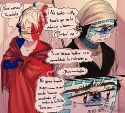 1boy 1futa clothing comic_page comic_panel countryhumans countryhumans_girl estandarte_de_morelos_(countryhumans) french_empire_(countryhumans) futanari male multicolored_body multicolored_hair multicolored_skin rodenn_mmdisimo spanish_text text