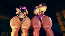 3d 3d_model bikini_top black_hair blue_eyes fishnets holding_breast honey_select_2 huge_breasts juri_han low-angle_view pale-skinned_female pale_skin randoxwando squished_breasts street_fighter street_fighter_6 street_fighter_v thick_thighs tight_clothing underboob venus_body wide_hips