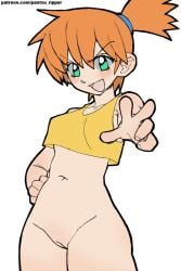 abs asymmetrical_hair blush breasts clothing cowboy_shot crop_top female female_only game_freak gen_1_pokemon green_eyes high_resolution hips kasumi_(pokemon) midriff muscle navel nintendo nipples orange_hair pantsu_ripper pointy_chin pokemon pokemon_(anime) pokemon_(classic_anime) pokemon_rgby ponytail shirt short_hair side_ponytail simple_background solo spiky_hair tank_top thighs tied_hair vagina wide_hips yellow_shirt