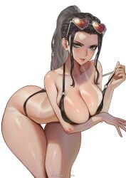 1girls black_hair blue_eyes breasts busty crossed_legs dark_hair female female_only huge_breasts leaning_forward long_hair long_legs looking_at_viewer naughty_face nico_robin one_piece ponytail post-timeskip sayanestia shiny_skin simple_background slim_waist sunglasses_on_head thick thick_thighs thigh_gap thighs thighs_together thong wide_hips