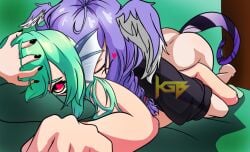 2girls ass ass_up braid braided_hair butt_up closed_eyes dragon_tail duo duo_female duo_focus female female_only finana_ryugu grabbing_head green_hair hair_wings head_fins head_grab head_wings heart-shaped_pupils hi_res highres implied_sex krisgbeanie lesbian lesbian_sex multiple_girls nijisanji nijisanji_en purple_eyes purple_hair selen_tatsuki sex_from_behind virtual_youtuber yuri