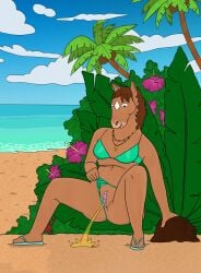 anthro arthropod beach bikini bikini_aside bikini_bottom bikini_pull bikini_top bodily_fluids bojack_horseman clitoris clothing clothing_aside clothing_pull cloud coconut crab crustacean decapoda drupe_(fruit) ear_piercing equid equine female flip_flops food footwear freckles fruit furrycheetah_(artist) genital_fluids genitals hi_res hollyhock hollyhock_(bojack_horseman) hollyhock_manheim-mannheim-guerrero-robinson-zilberschlag-hsung-fonzerelli-mcquack_(bojack_horseman) horse jewelry malacostracan mammal marine necklace netflix palm_frond palm_tree peeing piercing plant pussy sand sandals sea seaside solo swimwear swimwear_aside swimwear_pull tree urine urine_stream water watersports