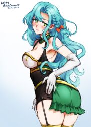 1girls aqua_hair armor ass ass_focus back bare_shoulders blush braid breasts chloe_(fire_emblem) elbow_gloves english_commentary female female_only fire_emblem fire_emblem_engage garter_straps gloves green_eyes huge_ass large_breasts long_hair looking_at_viewer minacream nintendo presenting shoulder_armor side_braid smile solo thick_thighs thighs very_long_hair white_gloves