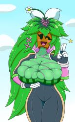 big_breasts big_thighs blaster_master blaster_master_zero_2 bodysuit breast_squeeze huge_breasts kanna_(blaster_master) plant_girl plantie thick_thighs wide_hips