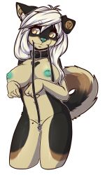 2015 alpha_channel anthro areola biped black_collar breasts brown_body brown_fur canid canine collar countershade_face countershade_fur countershade_tail countershade_torso countershading curled_tail digital_media_(artwork) female folded_ears fur green_areola green_nipples green_nose hair hi_res inner_ear_fluff leash leash_and_collar leash_in_own_mouth long_hair mammal nipples nude portrait simple_background solo standing tail tan_body tan_fur three-quarter_portrait transparent_background tuft white_hair white_inner_ear_fluff zyira