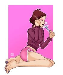 1girls 5_toes athletic_shorts barefoot belly_button big_feet blue_nails clothing dolphin_shorts drool_string feet female female_only foot_fetish gorillaz mugibunbun noodle_(cracker_island) noodle_(gorillaz) pink_eyeshadow pink_shorts playing_with_hair popsicle popsicle_melting purple_sweater red_hair shorts sitting_on_knees solo sportswear