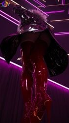 1girls 3d astex back_view blue_hair cd_projekt_red cyberpunk_2077 evelyn_parker female female_focus female_only light-skinned_female light_skin outfit panties robe solo stockings violet_eyes