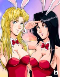 2021 2girls black_hair blonde_hair breasts bunny_ears bunnysuit cleavage female female_only freckles long_hair looking_at_viewer lucy_macmillan macross macross_plus myung_fang_lone saotome_nanda smile