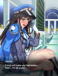 1girls black_hair blue_headwear blue_jacket blue_necktie breasts brown_eyes collared_shirt commander_(nikke) diesel_(nikke) earrings female garuman22 gloves goddess_of_victory:_nikke hat jacket jacket_on_shoulders jewelry lace-up_boots large_breasts long_hair looking_at_viewer lying military military_hat military_jacket military_uniform necktie on_back open_clothes open_jacket peaked_cap pleated_skirt shirt skirt solo striped_necktie thighs uniform white_gloves white_shirt white_skirt