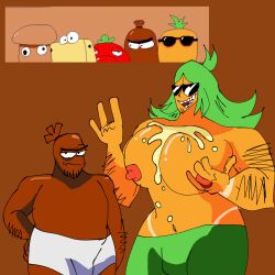 anthro food gay gijinka huge_pecs male_breasts male_only oiled_breasts oiled_skin pineapple_toppin pizza_tower sausage_toppin shortstack sunscreen