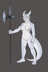 5_fingers anthro areola biped black-kitten breasts claws countershade_torso countershading dragon female fingers genitals halberd hi_res holding_object holding_weapon horn melee_weapon nipples plantigrade polearm pussy scalie simple_background solo tail weapon