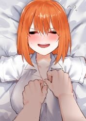 amog bed_sheet blush breasts closed_eyes collared_shirt commentary embarrassed eyebrows_hidden_by_hair female flying_sweatdrops go-toubun_no_hanayome hair_between_eyes highres large_breasts lying medium_hair nakano_yotsuba nervous_smile no_hairband no_headwear on_back open_mouth orange_hair round_teeth shirt short_sleeves smile solo_focus sweat teeth undressing_another upper_body upper_teeth_only v-shaped_eyebrows wavy_mouth white_shirt