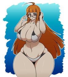 1girls aged_up alternate_ass_size alternate_body_type alternate_breast_size atlus big_breasts bikini breasts breasts_bigger_than_head brown_eyes female female_only glasses hourglass_figure huge_breasts huge_thighs large_breasts long_hair megami_tensei orange_hair persona persona_5 sakura_futaba takano_(artist) thick_thighs voluptuous wide_hips