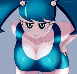 1girls akutosai_art bent_over big_breasts blue_hair blush blush_lines cleavage eyebrows eyelashes female female_only hands_on_hips jenny_wakeman large_breasts leaning_forward looking_at_viewer my_life_as_a_teenage_robot nickelodeon ponytails pout pouting robot robot_girl white_skin xj-9