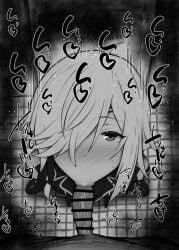 1boy :>= bar_censor blush censored cid_kagenou fellatio female from_above greyscale hair_over_one_eye kage_no_jitsuryokusha_ni_naritakute! kai_(the_eminence_in_shadow) kurotama looking_at_viewer monochrome motion_lines one_eye_covered oral paid_reward_available penis pov pov_crotch sound_effects straight the_eminence_in_shadow