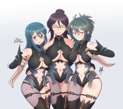 >:) 3girls :3 alternate_costume arm_around_waist armpits ass_visible_through_thighs asymmetrical_clothes asymmetrical_legwear bare_midriff bare_thighs beauty_mark black_hair blue_eyes blue_hair boots braid braided_ponytail breasts brown_eyes cleavage cleavage_cutout closed_eyes cosplay elbow_gloves eyewear female female_only fingerless_gloves fire_emblem fire_emblem:_three_houses glasses gloves green_hair hug knife kronya_(fire_emblem)_(cosplay) kurono_kiria large_breasts long_hair looking_at_viewer maiko_shimazaki midriff mole mole_under_eye multiple_girls nervous nintendo oribe_tsubasa pantyhose ponytail raydango smile teal_hair thigh_boots thighs tokyo_mirage_sessions_#fe weapon