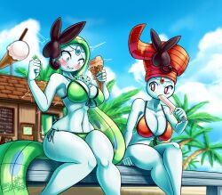 beach bikini blue_eyes blush blushing embarrased embarrassed game_freak green_bikini green_swimsuit green_swimwear humanoid ice_cream ice_cream_cone ice_cream_drip ice_cream_on_breasts latiar meloetta meloetta_(aria_form) meloetta_(pirouette_form) nintendo pokémon_(species) pokemon pokemon_bw popsicle popsicle_in_mouth popsicle_melting popsicle_stick red_bikini red_eyes red_swimsuit red_swimwear swimsuit swimwear