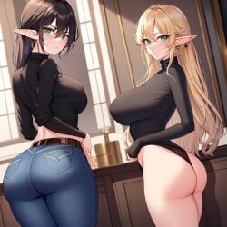 2girls ai_generated alborewimi ass belt big_ass big_breasts big_butt black_hair black_shirt blonde_hair blue_jeans blush denim earrings elf elf_ears female from_behind green_eyes indoors jeans light-skinned_female long_hair looking_at_viewer looking_back mature_female nai_diffusion pawg pockets pointy_ears round_ass round_butt showing_ass showing_off slutty_outfit stable_diffusion standing suggestive taut_shirt thick_ass tight_clothing tight_jeans turtleneck