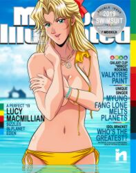 1girls 2021 belly belly_button blonde_hair bracelets breasts covering_breasts cyan_eyes female freckles human large_breasts light-skinned_female light_skin long_hair lucy_macmillan macross macross_plus magazine_cover saotome_nanda solo solo_female solo_focus swimsuit text water