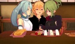 1boy 2girls 3d aether_(genshin_impact) animated chopsticks double_handjob erection faruzan_(genshin_impact) feeding food genshin_impact handjob huge_cock kuki_shinobu mosaic_censoring no_sound penis sharing sushi tagme threesome under_the_table video